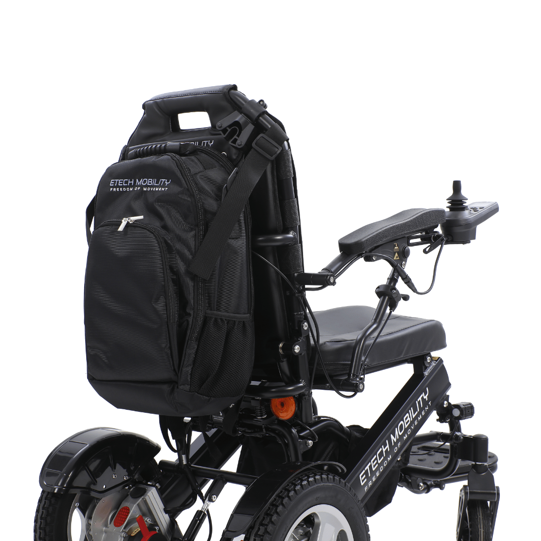Black electric wheelchair storage backpack bag by etech mobility