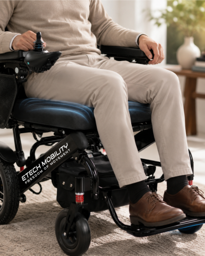 Etech Mobility Horizon 7 padded comfort seat for lightweight foldable electric wheelchair