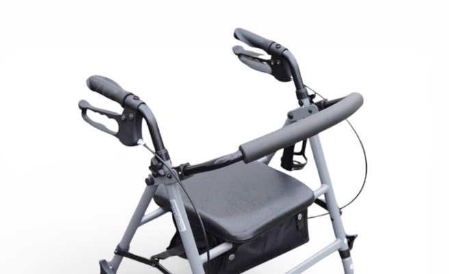 Steel lightweight, folding, rollator with adjustable handles and loop lock braking system