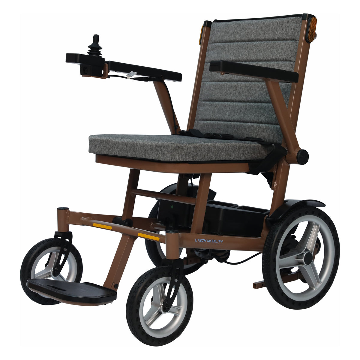 Etech Mobility Aeron aluminium folding electric wheelchair, front three-quarter view