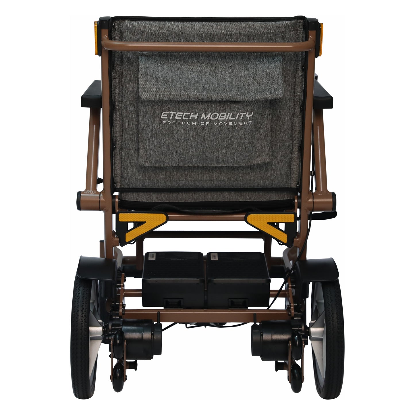 Etech Mobility Aeron electric wheelchair, rear view showing dual batteries