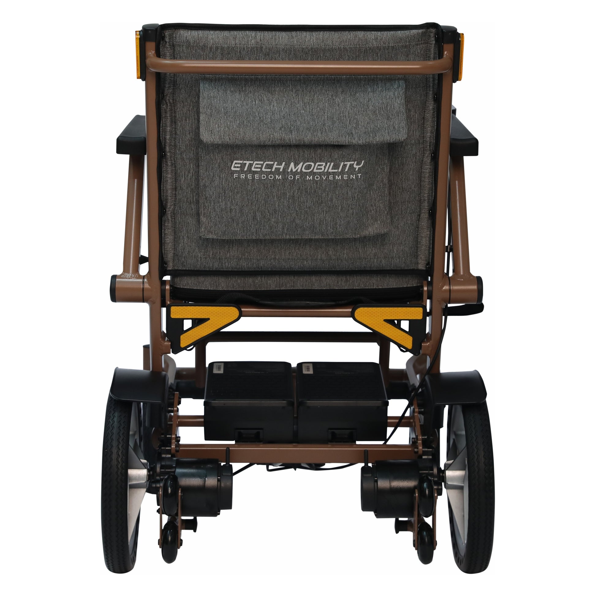 Etech Mobility Aeron electric wheelchair, rear view showing dual batteries
