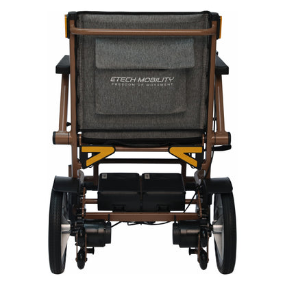 Etech Mobility Aeron electric wheelchair, rear view showing dual batteries