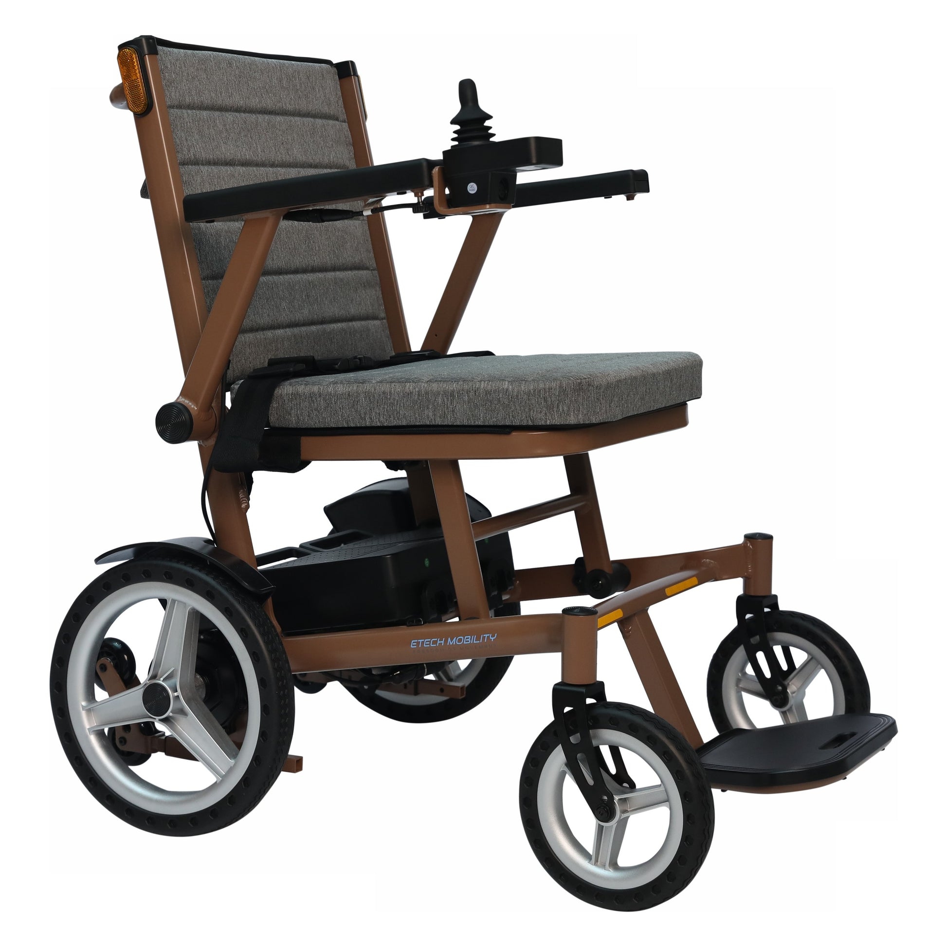 Etech Mobility Aeron electric wheelchair, armrest raised showing joystick control