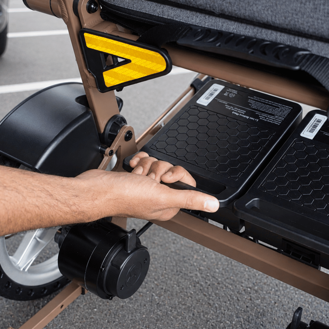Aeron lightweight foldable electric wheelchair by Etech Mobility with easy access lithium ion airline friendly batteries