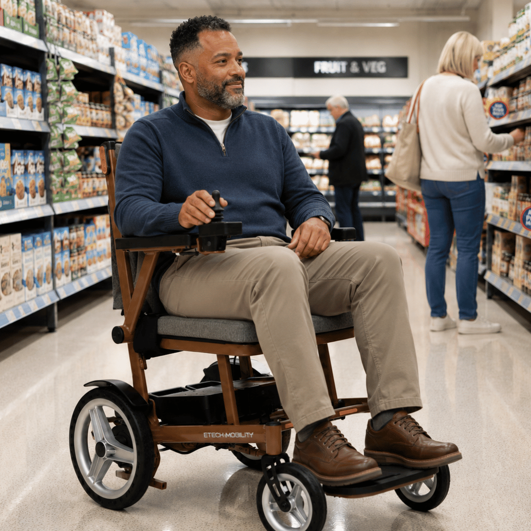 Lightweight, folding, Aeron electric wheelchair for everyday use by Etech Mobility