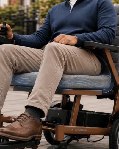 Aeron lightweight folding electric wheelchair padded seat for comfort by Etech Mobility