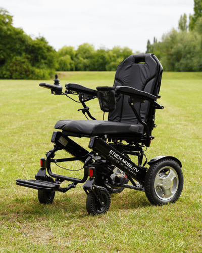 High strength aerospace grade lightweight folding Y20 Luxe multi terrain electric wheelchair by Etech Mobility