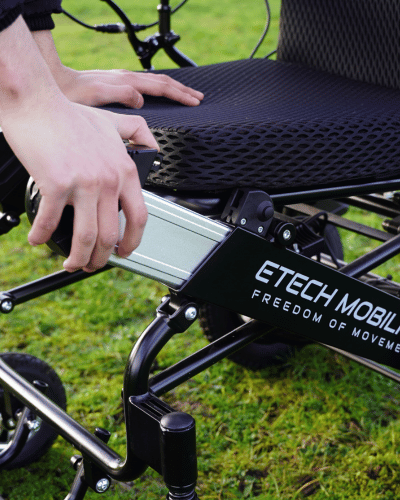 Dual built in frame battery system with airline friendly batteries for Voyager 185, lightweight, folding premium brushless electric wheelchair