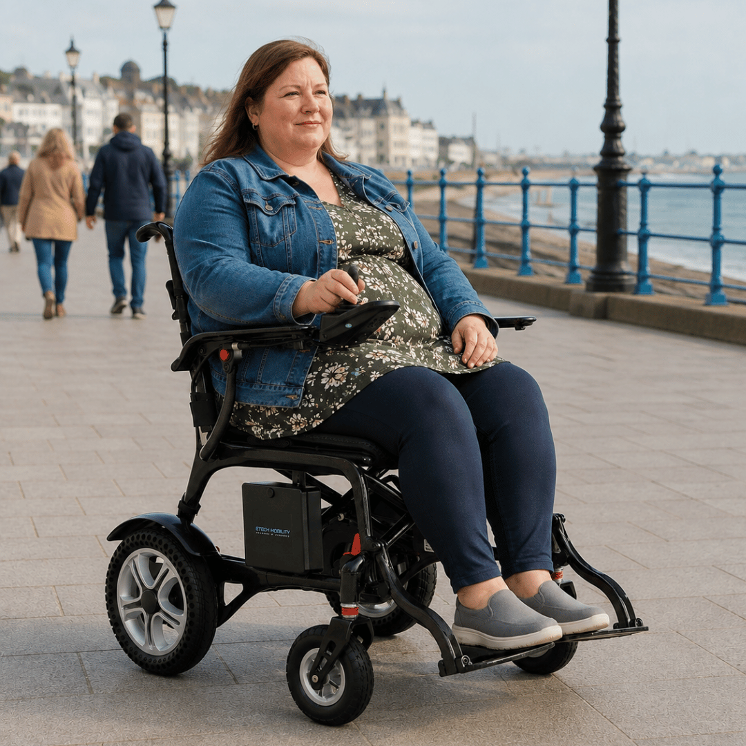 Atlas HD carbon fibre lightweight folding electric wheelchair with 160kg weight capacity by Etech Mobility