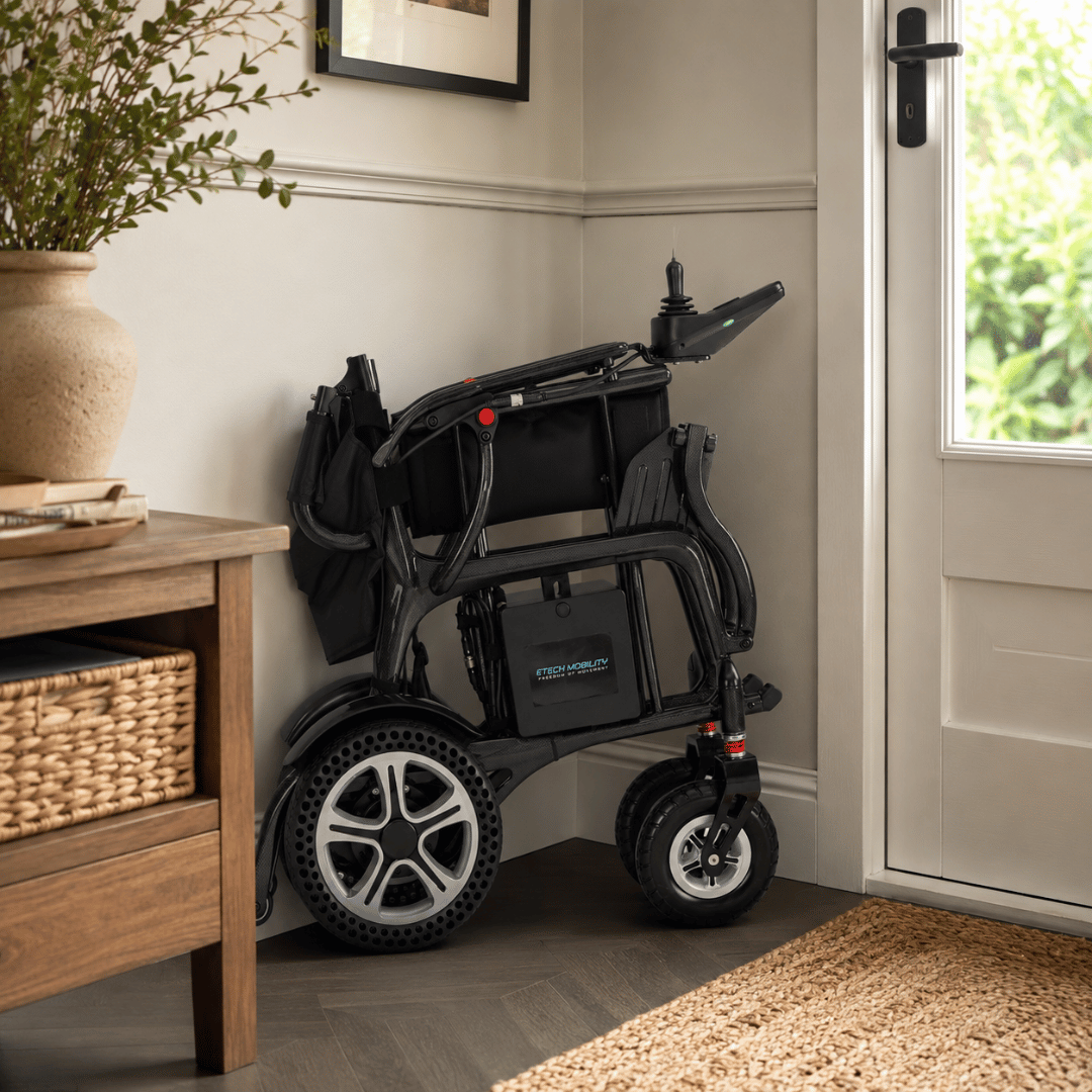 Atlas HD carbon fibre lightweight folding electric wheelchair with compact folded size to store in homes by Etech Mobility