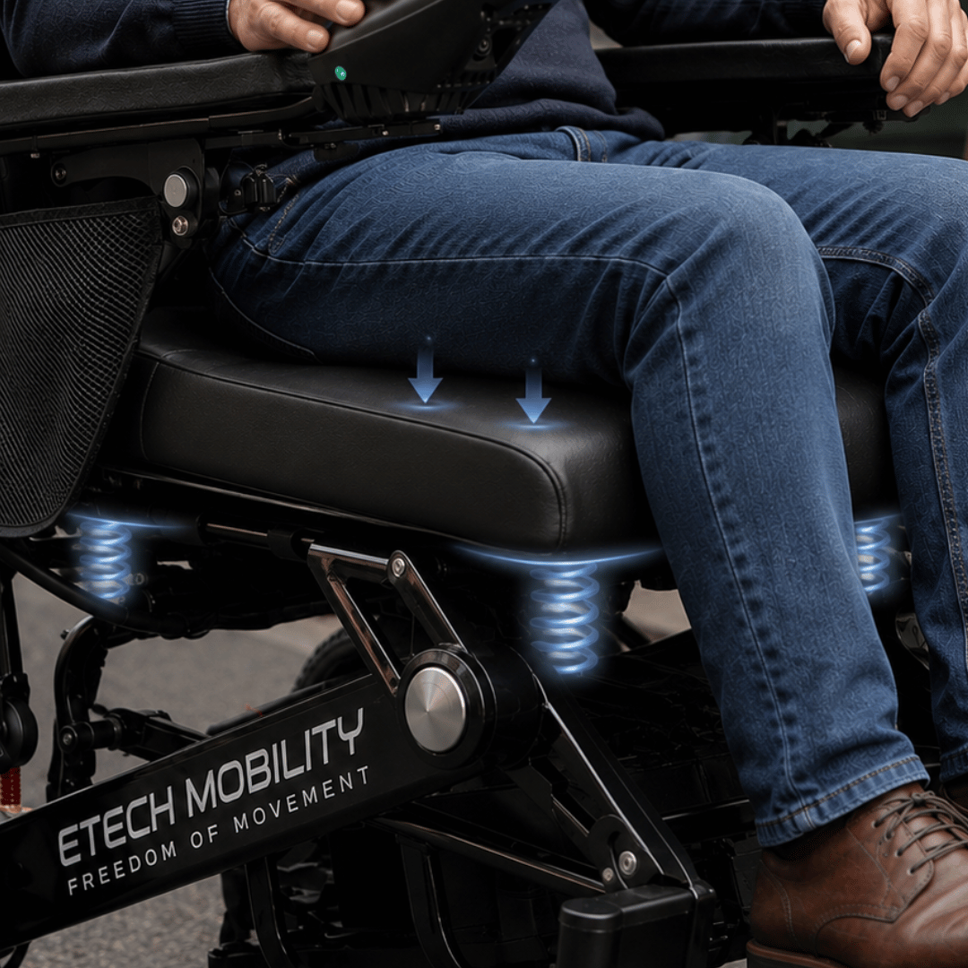 Breathable leather upholstery for electric wheelchairs with a car seat like feel and comfort by Etech Mobility