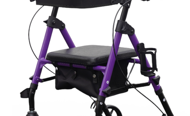 Lightweight, folding, purple rollator by Etech Mobility with built in seat and storage space
