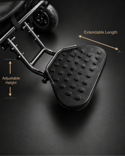 Converge 180 split motor lightweight folding electric wheelchair with extendable height and height adjusting footplate by Etech Mobility