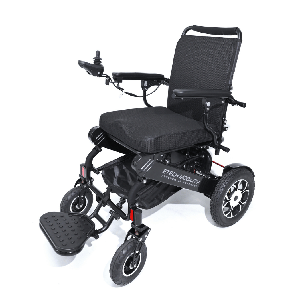 Converge 180 split motor lightweight foldable electric wheelchair designed for travel by Etech Mobility