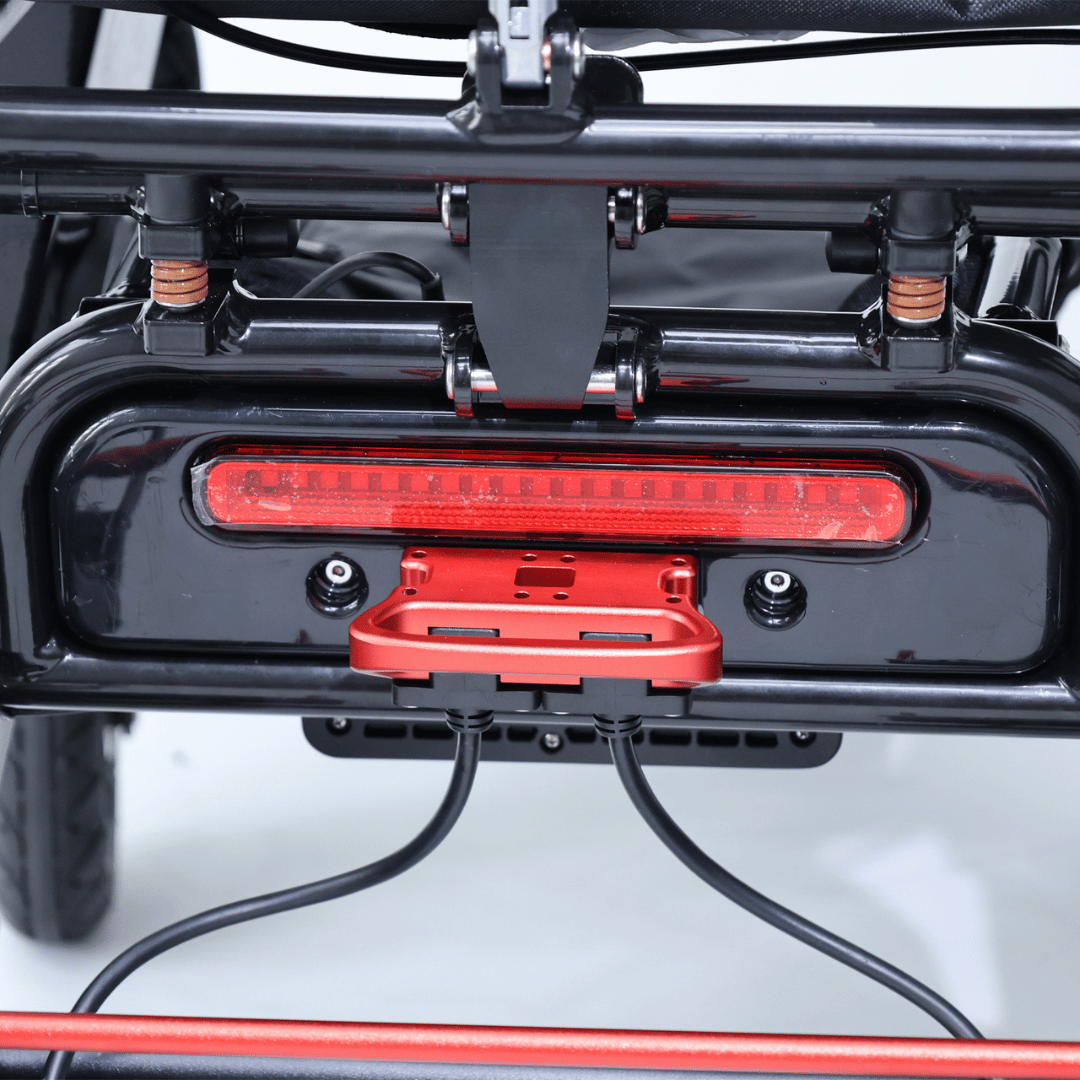 Converge 180 lightweight foldable electric wheelchair with removable motors and rear LED brake light by Etech Mobility