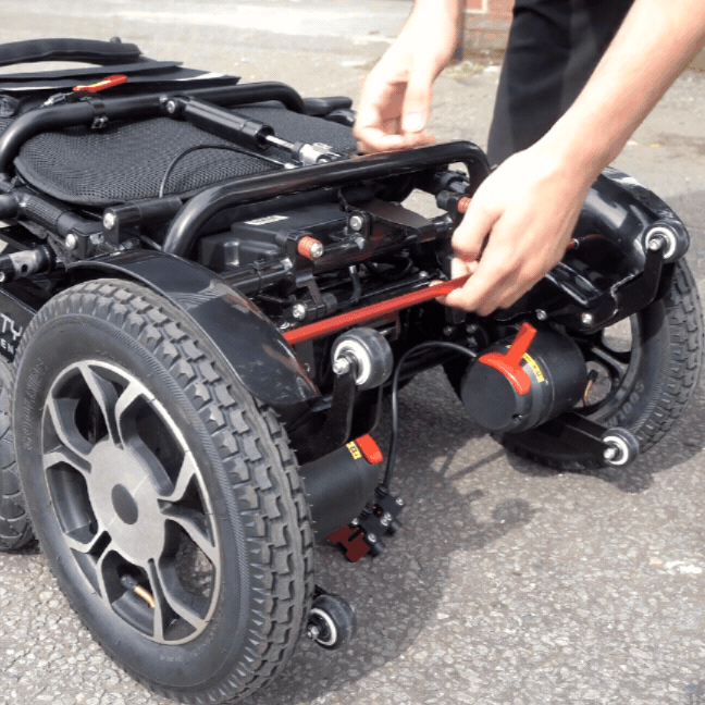 Converge 180 ultra lightweight folding electric wheelchair motor removal demonstration for easier lifting by Etech Mobility