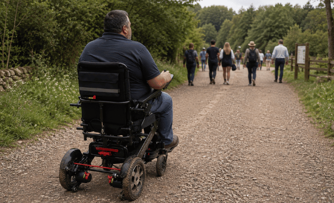 Converge 180 split motor lightweight foldable electric wheelchair designed to tackle multi terrain by Etech Mobility