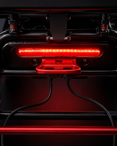 Converge 180 rear safety break light for lightweight foldable split motor electric wheelchair by Etech Mobility