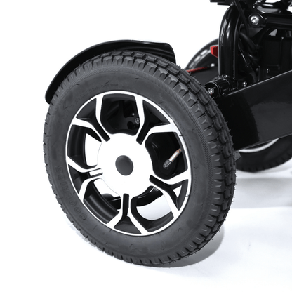 Converge 180 multi terrain heavy duty lightweight folding electric wheelchair with instant splitting motors and 12 inch rear tyres by Etech Mobility