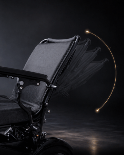 Converge 180 lightweight foldable split motor electric wheelchair with a reclining backrest for back support by Etech Mobility