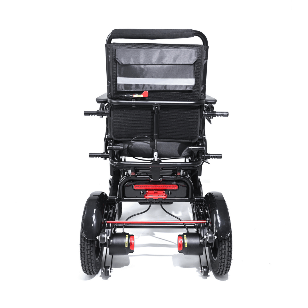 250w sine wave brushless motors on Converge 180 instant splitting lightweight folding electric wheelchair by Etech Mobility in black