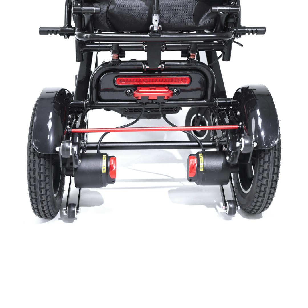 Converge 180 sine wave brushless split motor lightweight folding electric wheelchair with anti tip wheels by Etech Mobility in black