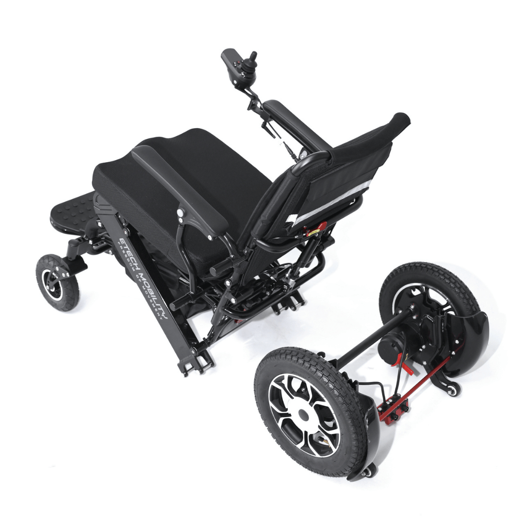 Split motor Converge 180 lightweight folding electric wheelchair designed for ease of travel by Etech Mobility in black