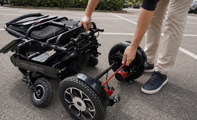 Converge 180 split motor lightweight folding electric wheelchair with 16kg body and 10kg motors for easy transport by Etech Mobility