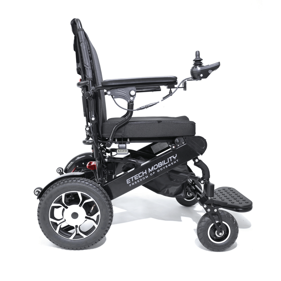 Black insta split 250w sine wave brushless motor lightweight folding electric wheelchair in black by Etech Mobility