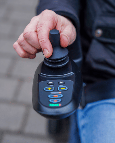 Easy to control joystick fitted on Freedom Pro lightweight electric wheelchair by etech mobility