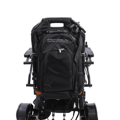 Black backpack with Etech Mobility branding on an electric wheelchair with multiple compartments