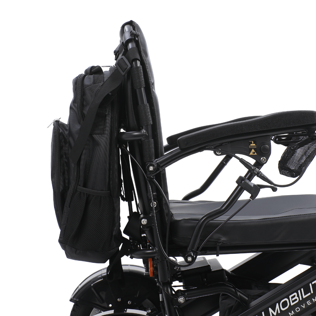 Electric wheelchair multiple storage bag backpack in black by Etech Mobility