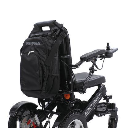 Black electric wheelchair storage backpack bag by etech mobility