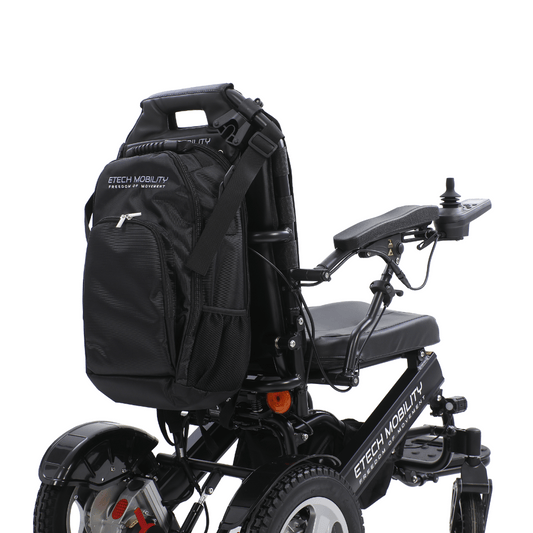 Black electric wheelchair storage backpack bag by etech mobility