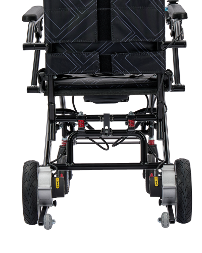 Enhanced stabilising anti tip wheels for Firefly ultra lightweight folding electric wheelchair by Etech Mobility