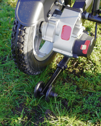 Removable anti tip wheels designed for safety whilst approaching inclines for enterprise 200 electric wheelchair designed by Etech Mobility