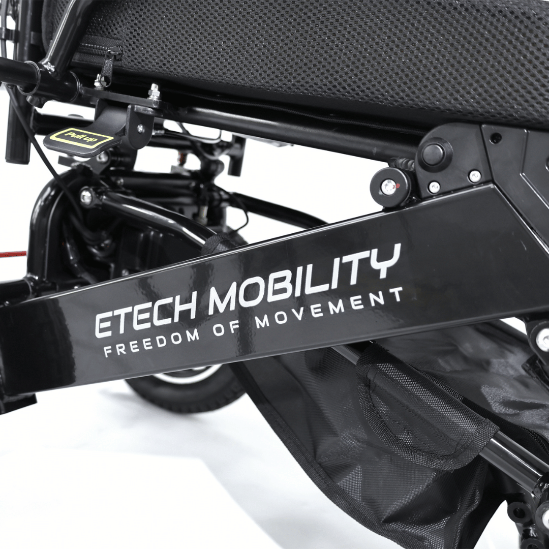 Converge 180 lightweight folding electric wheelchair etech mobility side frame focus in black and white