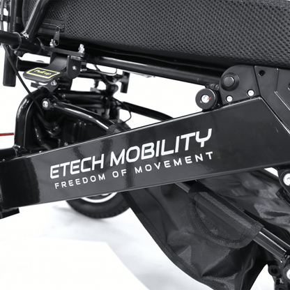 Converge 180 lightweight folding electric wheelchair etech mobility side frame focus in black and white