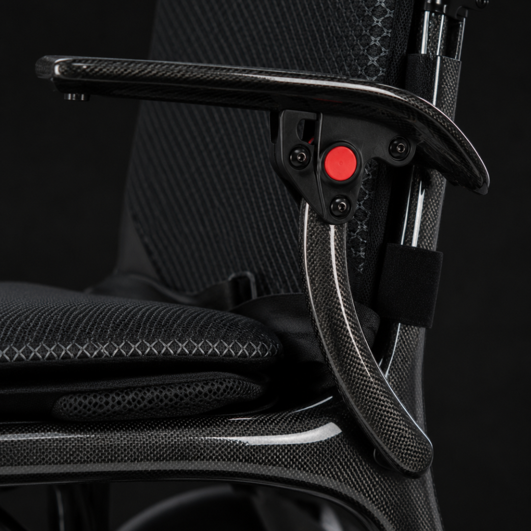 Etech Mobility Evora Carbon folding electric wheelchair, carbon weave detail