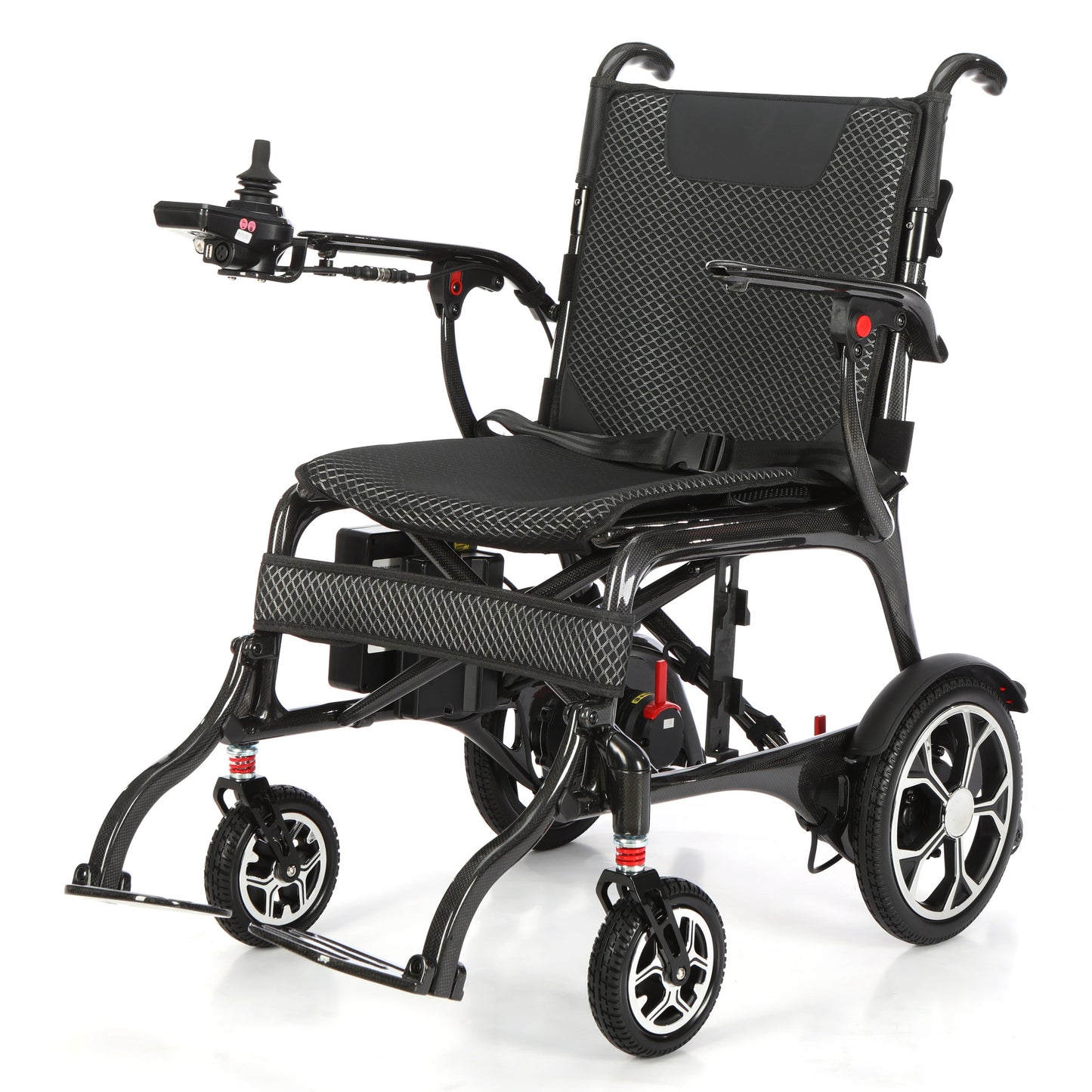Etech Mobility Evora Carbon folding electric wheelchair, front three-quarter view