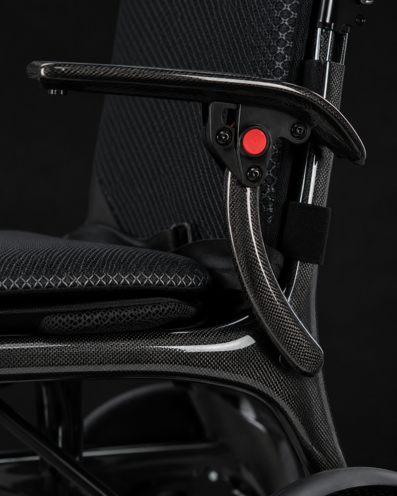 Etech Mobility Evora Carbon folding electric wheelchair, front three-quarter view