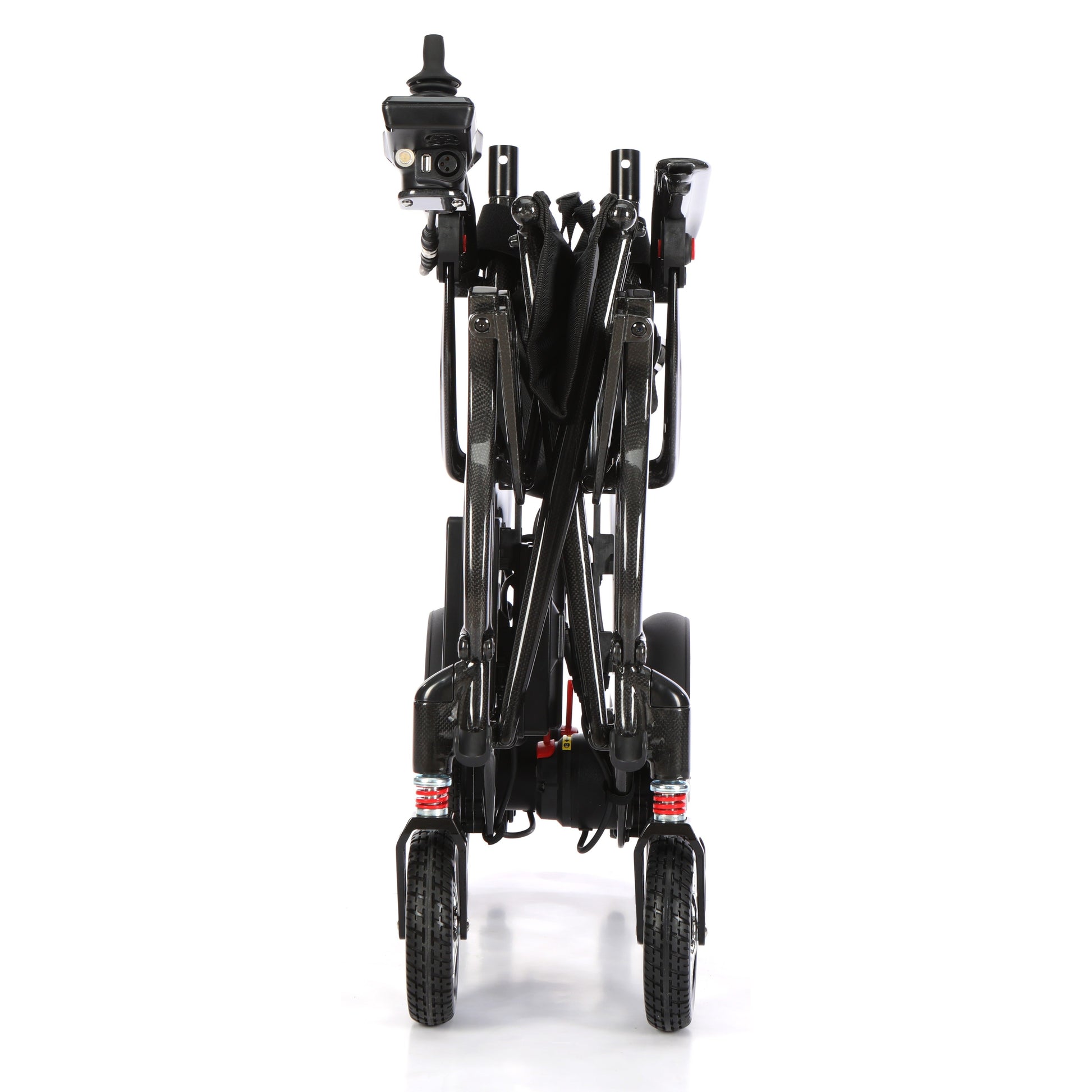Etech Mobility Evora Carbon electric wheelchair folded to 22 cm wide for compact storage