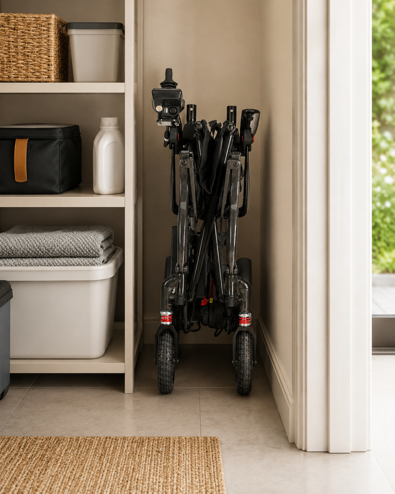 Etech Mobility Evora Carbon electric wheelchair folded to 22 cm wide for compact storage