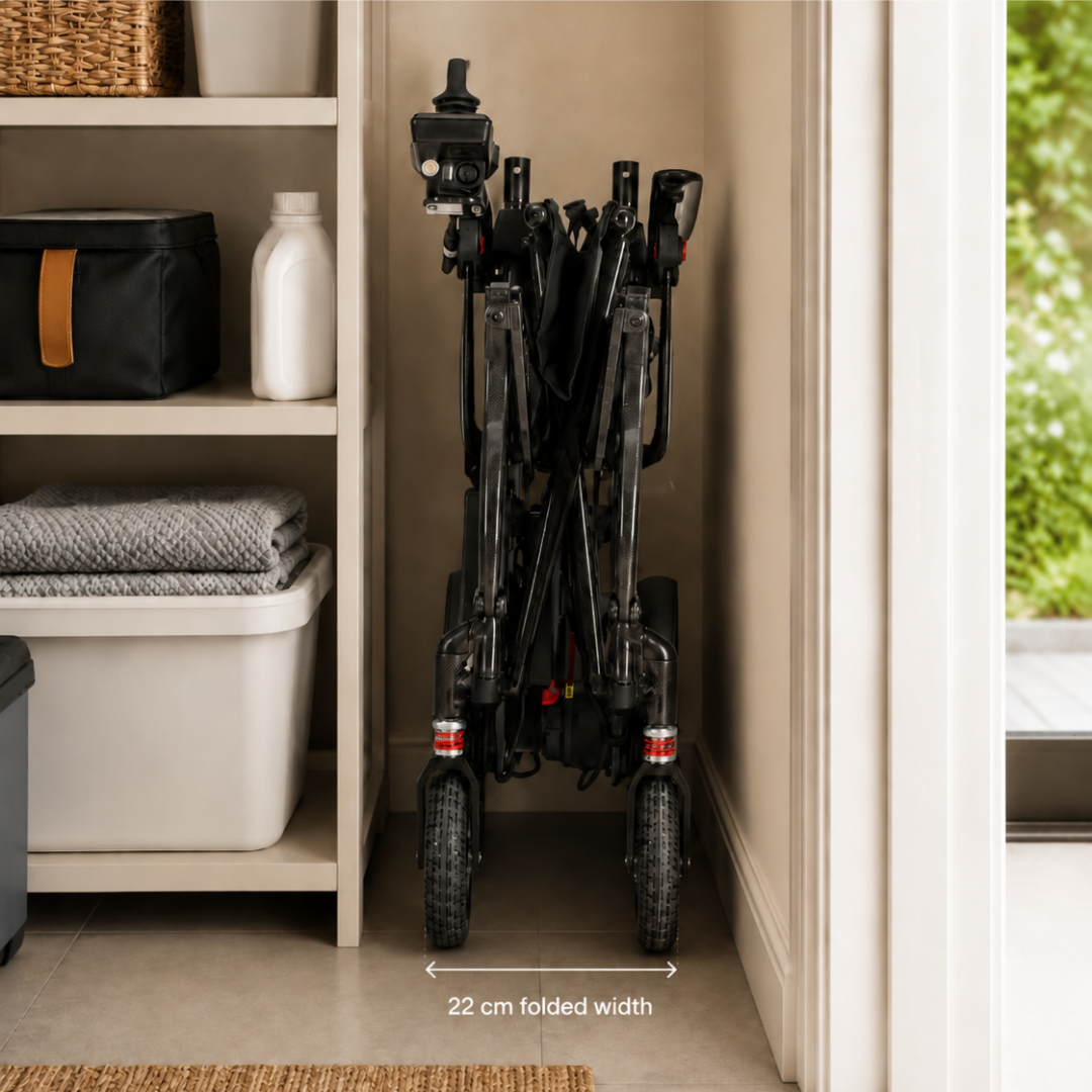Etech Mobility Evora Carbon electric wheelchair folded to 22 cm wide for compact storage