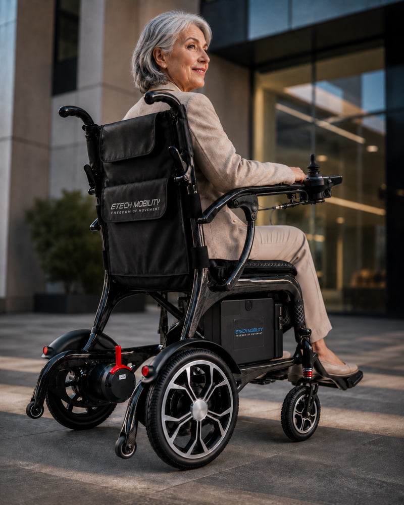 Lightweight, carbon fibre, folding electric wheelchair, evora carbon by Etech Mobility with brushless motors