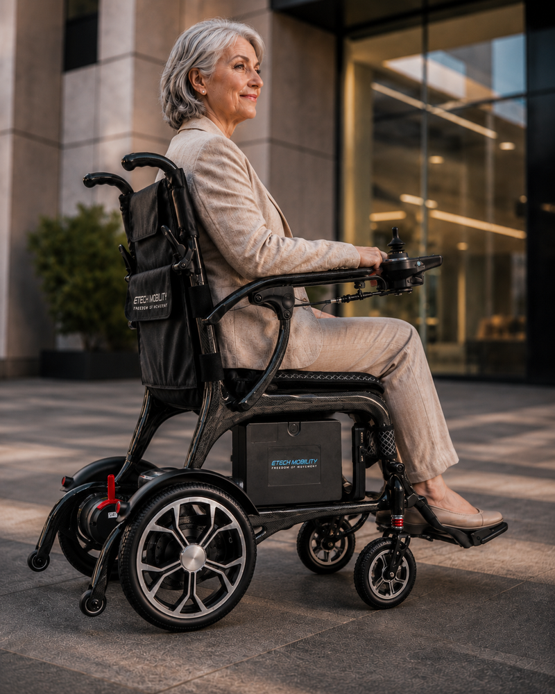 Evora Carbon airline friendly battery lightweight foldable electric wheelchair by etech mobility