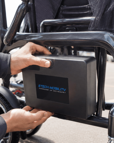 Evora Carbon airline friendly battery for lightweight folding electric wheelchair by Etech Mobility