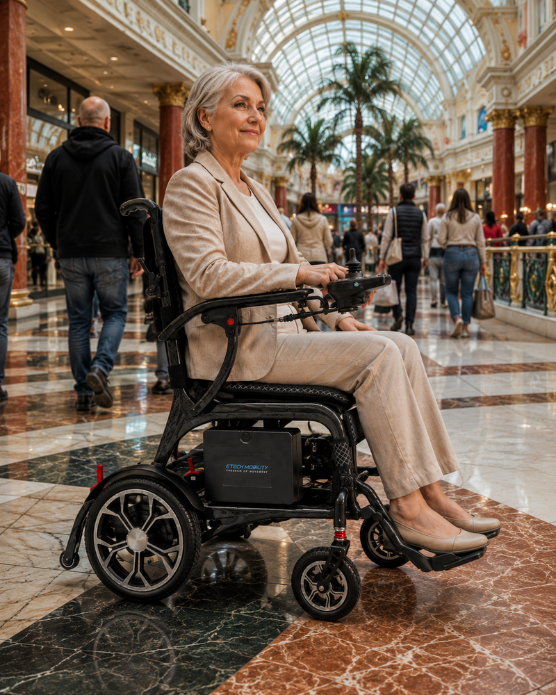 Evora Carbon indoor and outdoor lightweight foldable electric wheelchair by Etech Mobility 
