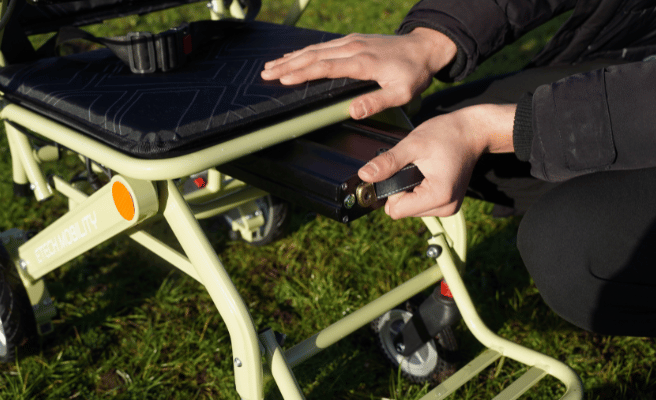 Removable, airline friendly, battery for ultra lightweight electric wheelchair | Firefly by Etech Mobility